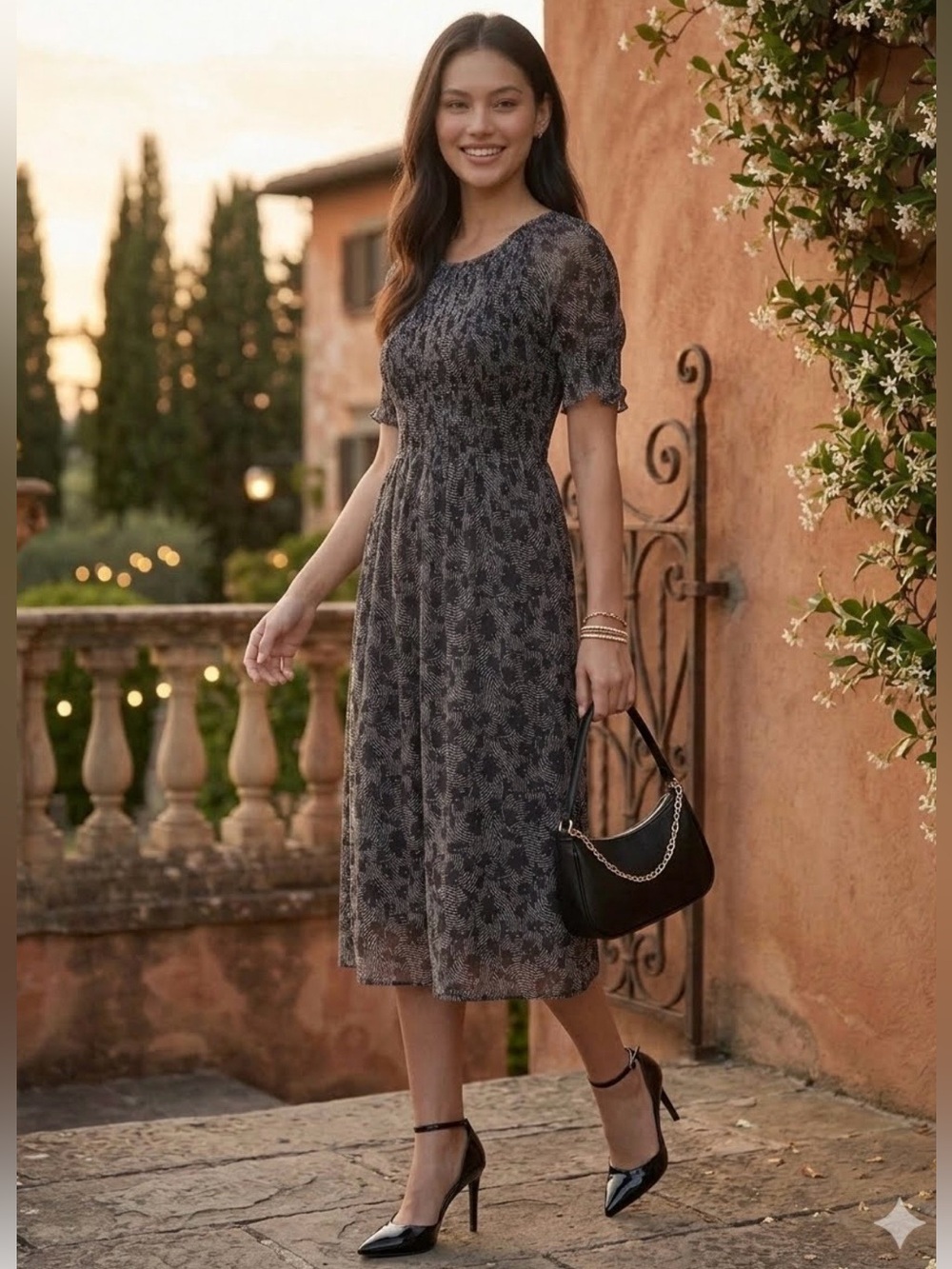 NWT Michael Kors Relaxed Black Floral Midi Dress Sz M